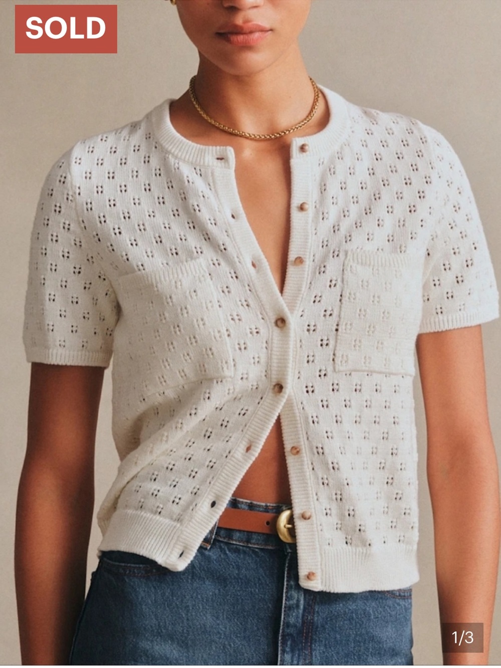 Sezane Cream Short-Sleeve Knit Cardigan